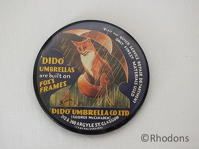 Advertising Pocket Mirror For DiDo Umbrellas Glasgow, Fox Frames, 1950s