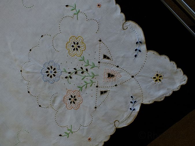 Antique Linen Tablecloth - Hand Embroidered - Madeira & Cutwork