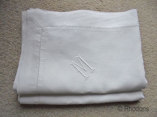 Antique Linen Oxford Pillowcases Monogrammed M Circa 1900, Large