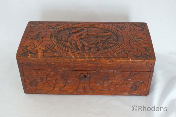Art Nouveau Design Carved Wood Tea Caddy-Swan Motif to Lid