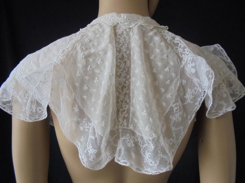Victorian Bertha Fichu Collar, Hand Sewn White Work Muslin & Fine Lace