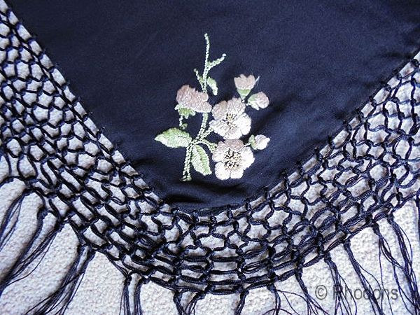 Hand Embroidered Chinese Black Silk Shawl 