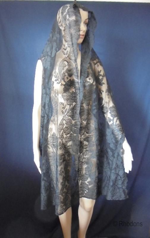 Victorian Black Blonde Lace Wrap, Shawl, Veil. Hand Finished Black Blonde Lace, Levers Mill