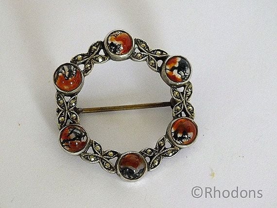 Silver Marcasite & Moss Agate Brooch