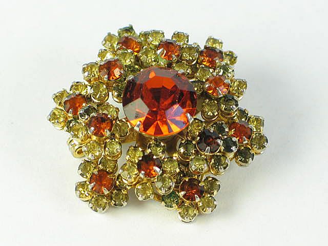 Rhinestone Brooch, Amber Diamantes, Rhinestone Pin