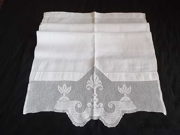 Victorian Linen Huckaback Towel With Crochet Lace, Cutwork Trims