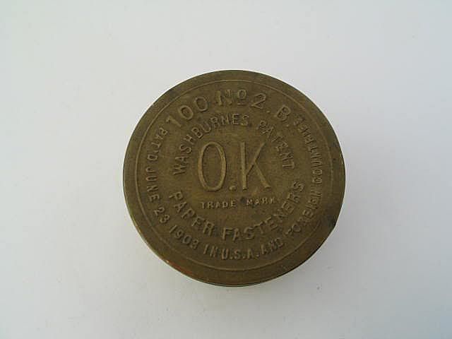 Antique Washburnes 'OK' Brand Paper Fasteners Packaging Tin 