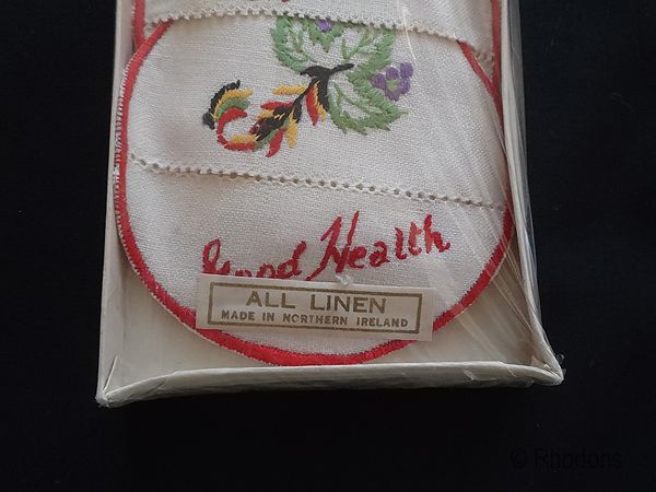 Irish Linen Embroidered Cocktail Glass Coasters, Good Health, Circa 1950s