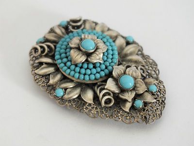 Antique Czech Art Deco Dress Clip, Turquoise Glass Beads