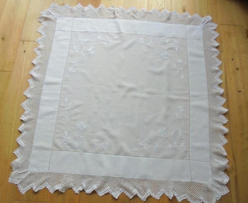 Irish Linen Tablecloth, Whitework Embroidery With Crochet Lace Edge