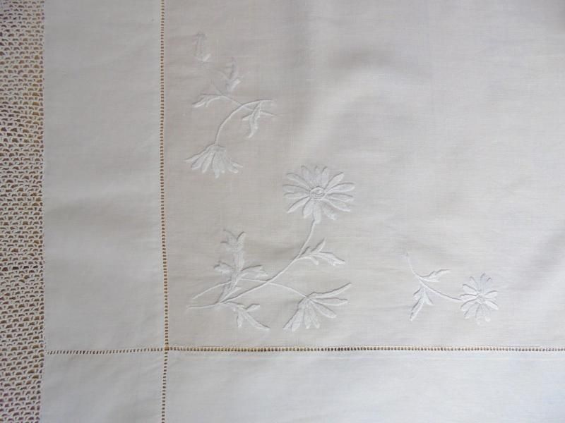 Irish Linen Tablecloth - Whitework Embroidery With Crochet Lace Edge