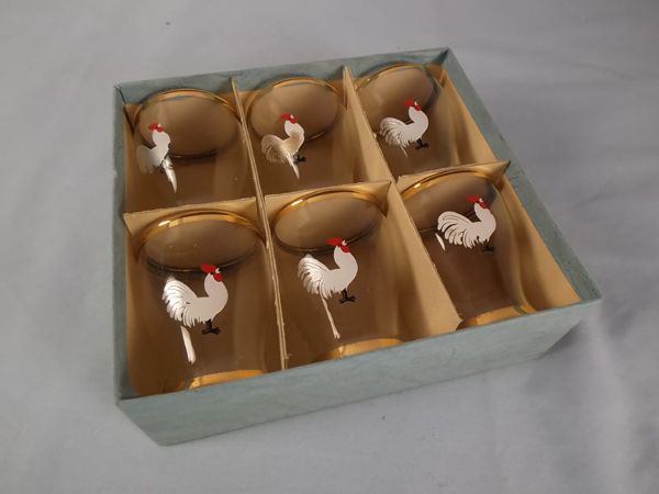 Shot Glasses x6, Original Box, Rooster,Cockerel Motifs, 1950/60s