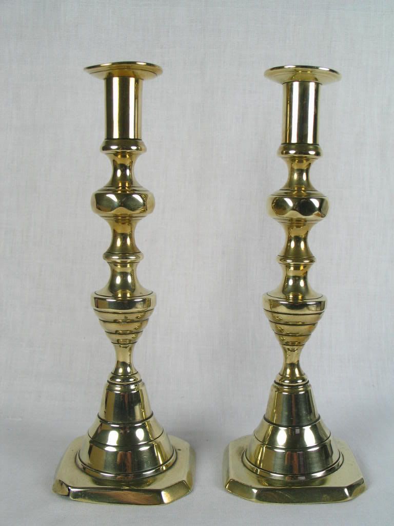Victorian Brass Beehive Candlesticks, 9.75 Tall