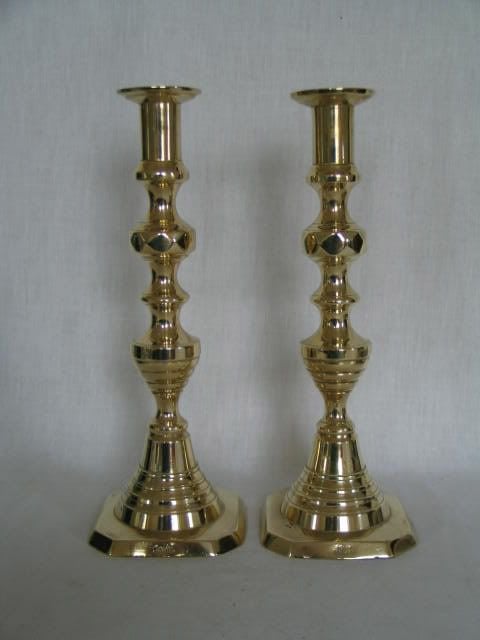 Antique Solid Brass Candlesticks, 10.75" Tall, Pair 
