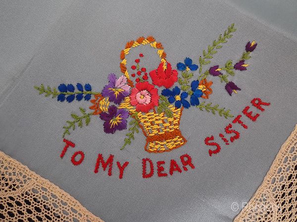 World War One Embroidered Silk Satin & Lace Handkerchief - To My Dear Sister