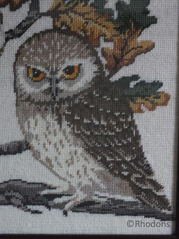 Vintage Hand Worked Owl Tapestry-Framed