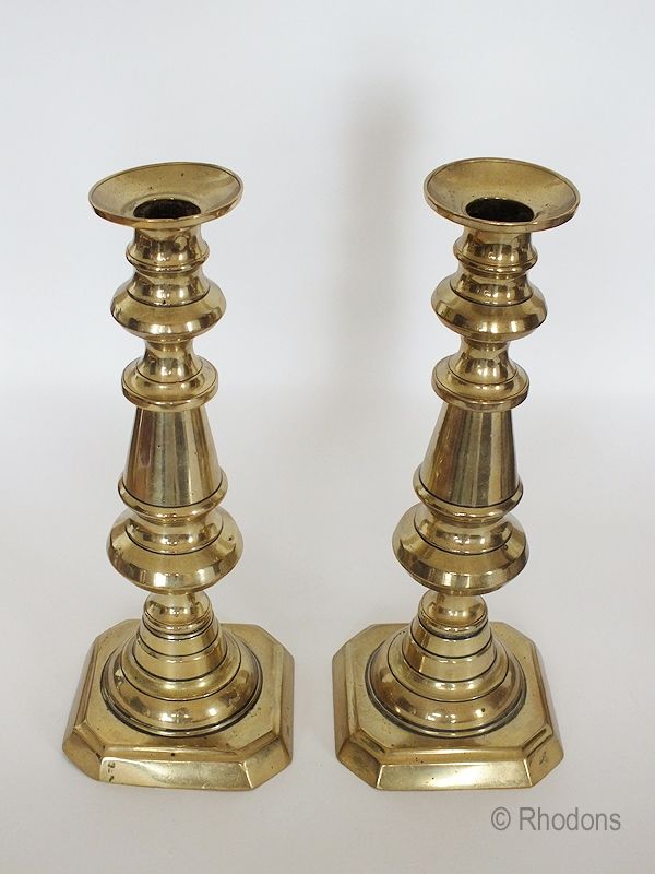 Early Victorian Brass Candlesticks-10.625" Tall