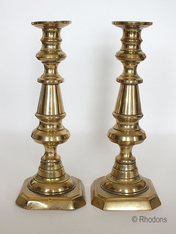 Early Victorian Brass Candlesticks-10.625