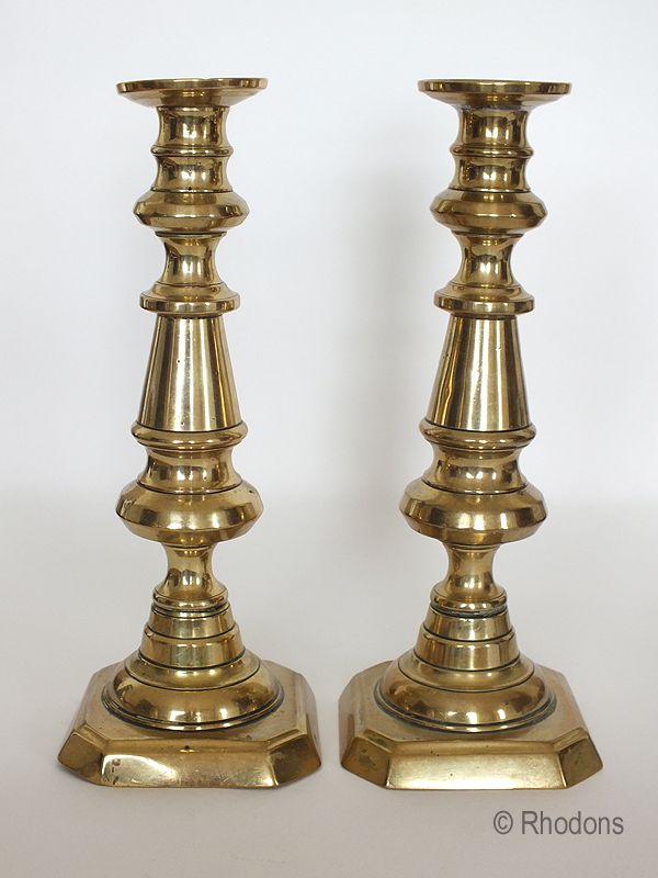 Early Victorian Brass Candlesticks-10.625" Tall