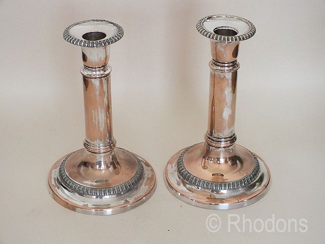 Antique Sheffield Plate On Copper Telescopic Candlesticks, 7.50" Extending to 10.00" (Pair)