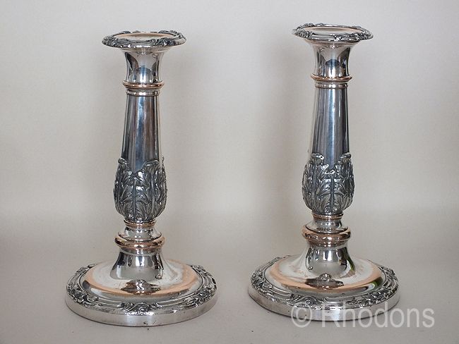 Sheffield Silverplate Candlesticks-Acanthus Leaf Decorations (9.50")