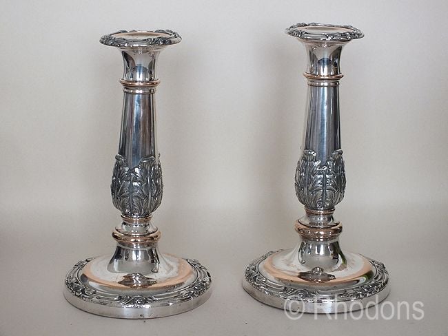 Sheffield Silverplate Candlesticks-Acanthus Leaf Decorations (9.50")