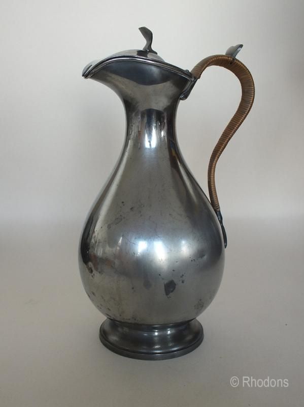 Antique Pewter Jug / Pitcher With Wicker Handle, James Dixon & Sons