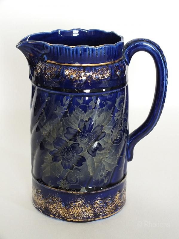 Victorian Water Jug, Cobalt Blue With Gilt Decoration. Late 1800s