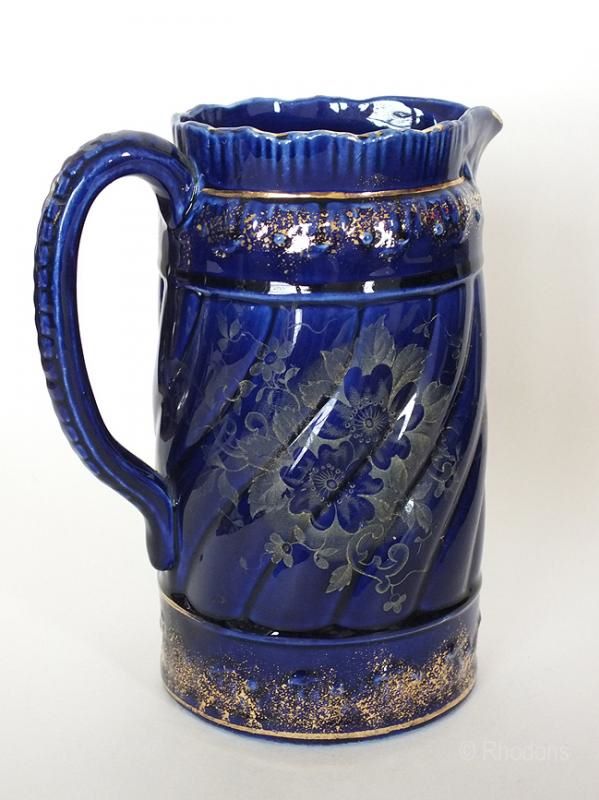 Victorian Water Jug, Cobalt Blue With Gilt Decoration. Late 1800s