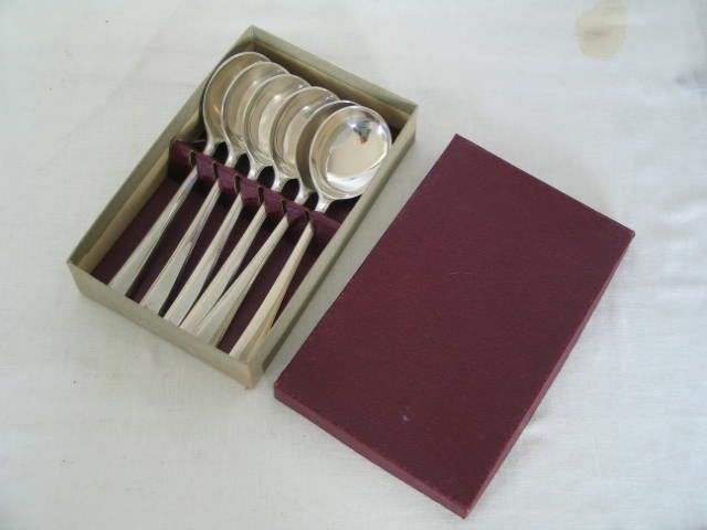 Elkington Silver Plated Soup Spoons, Salisbury Pattern x6, Boxed