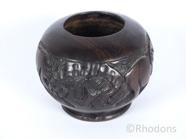 African Ethnic Carved Hardwood Pot - Elephants and Rhino