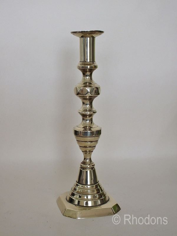 Antique Beehive Pattern Brass Candlestick-12 Tall