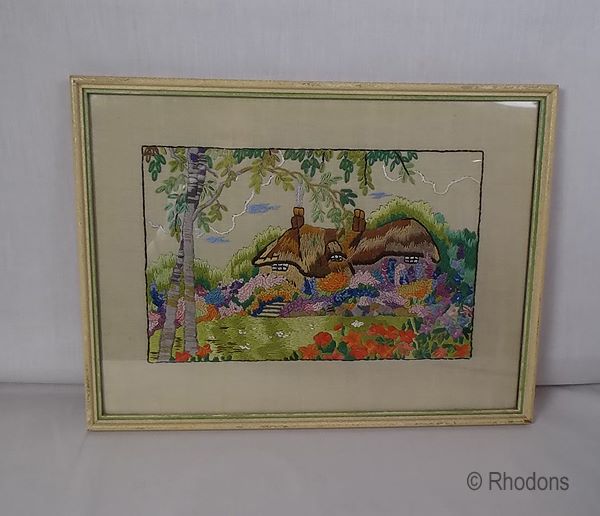 English Country Cottage Garden Embroidery-Circa 1930s Vintage-Framed