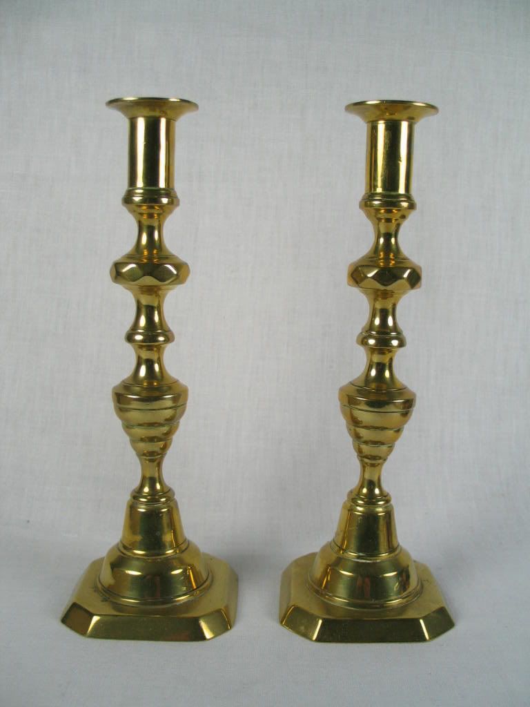 Victorian Brass Candlesticks, Beehive And Diamonds Pattern, 10