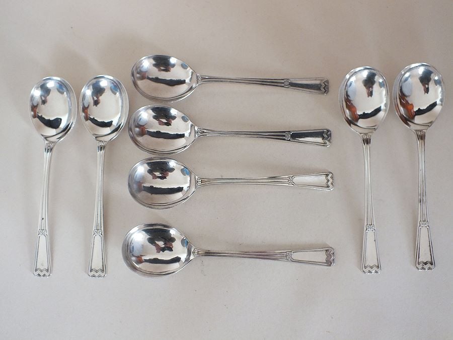 Elkington Plate Soup Spoons, 7.25", Art Deco Design, 8 Place Setting 