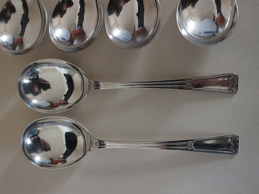 Elkington Plate Soup Spoons-7.25"- Art Deco Design-8 Place Setting