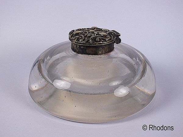 Antique Glass Inkwell With Art Nouveau Decorations To Lid