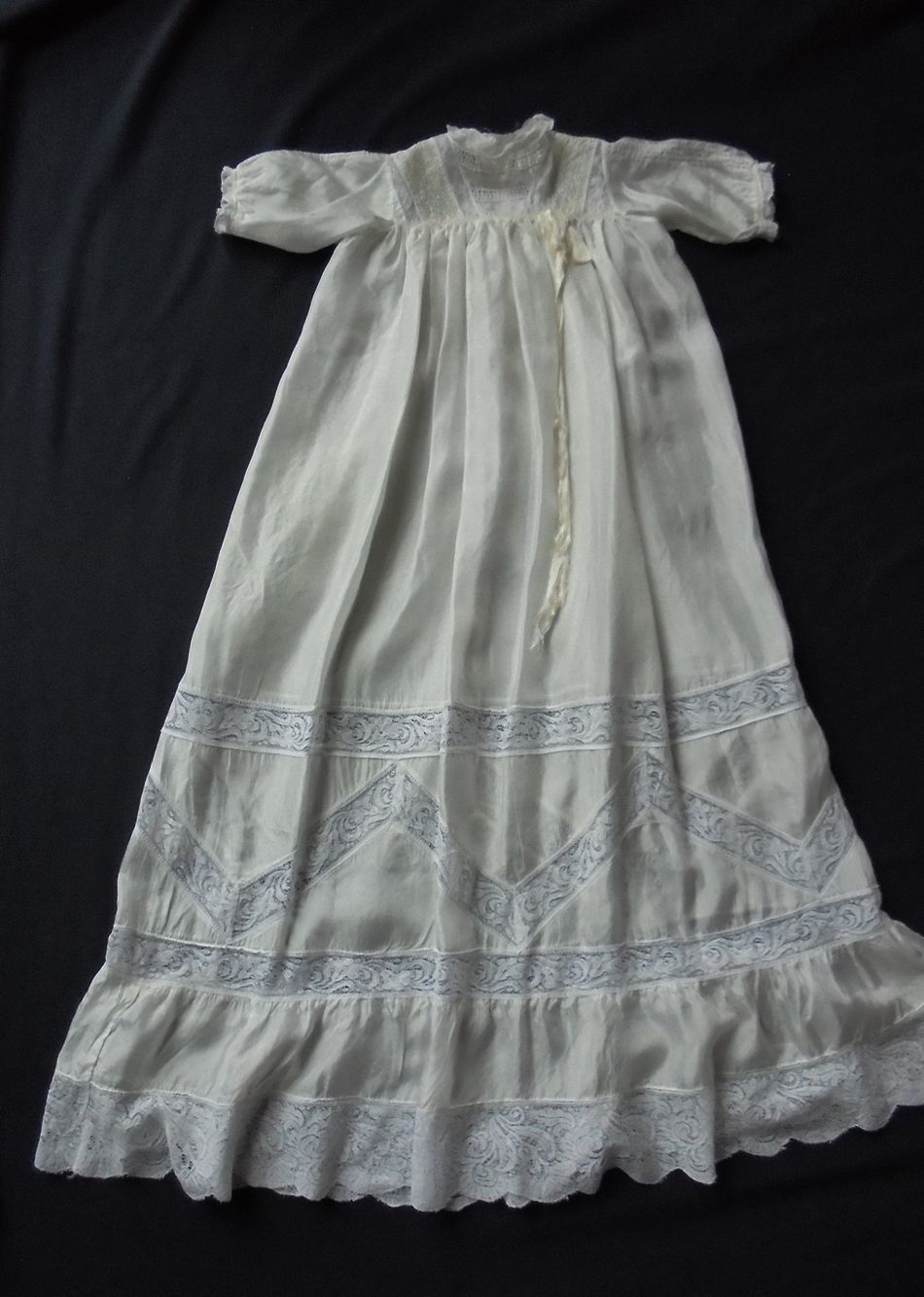 Vintage Christening Gown, Lemon Silk, Deep Lilly Pattern Lace, Circa 1920s 