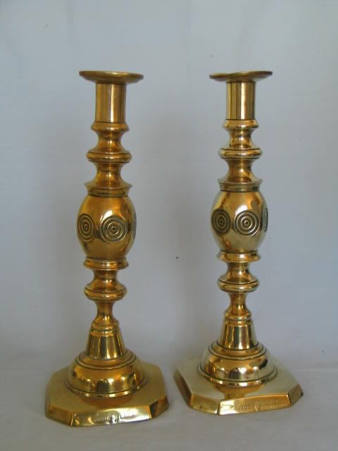 Victorian Brass 'Good Luck' Candlesticks By James Clew & Sons-11.50" Tall
