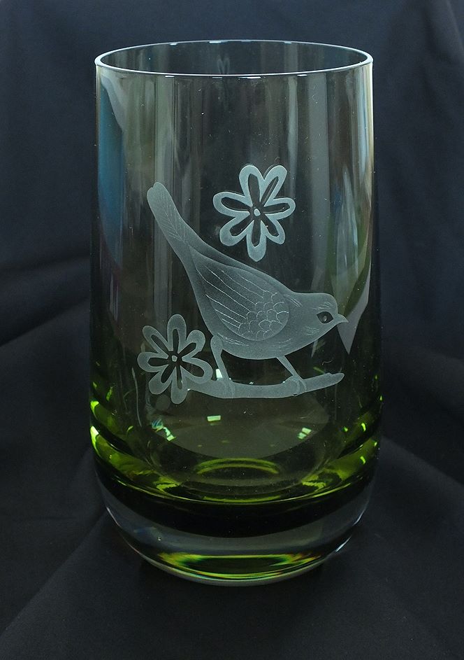 Caithness Green Art Glass Vase With Etched Blackbird, Signed, 1980s
