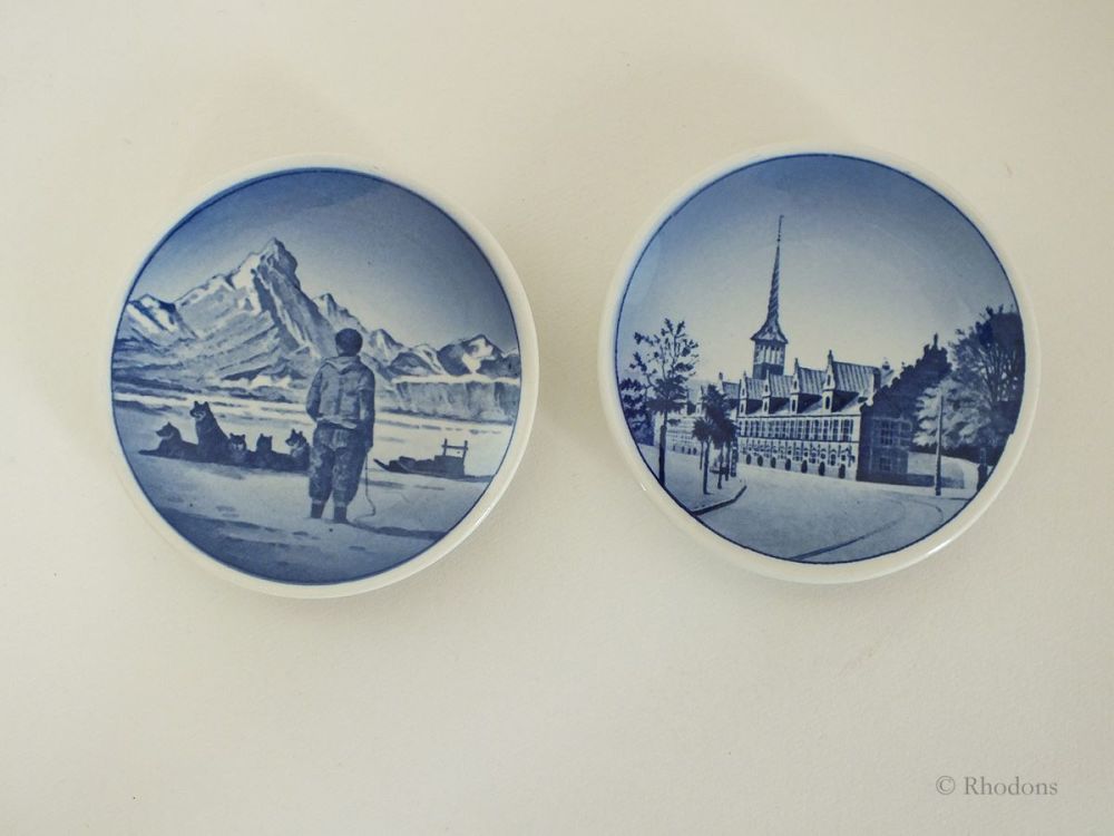 Miniature Danish Souvenir Wall Plates, Aluminia Faience, Royal Copenhagen Dated 1955, Set of 2