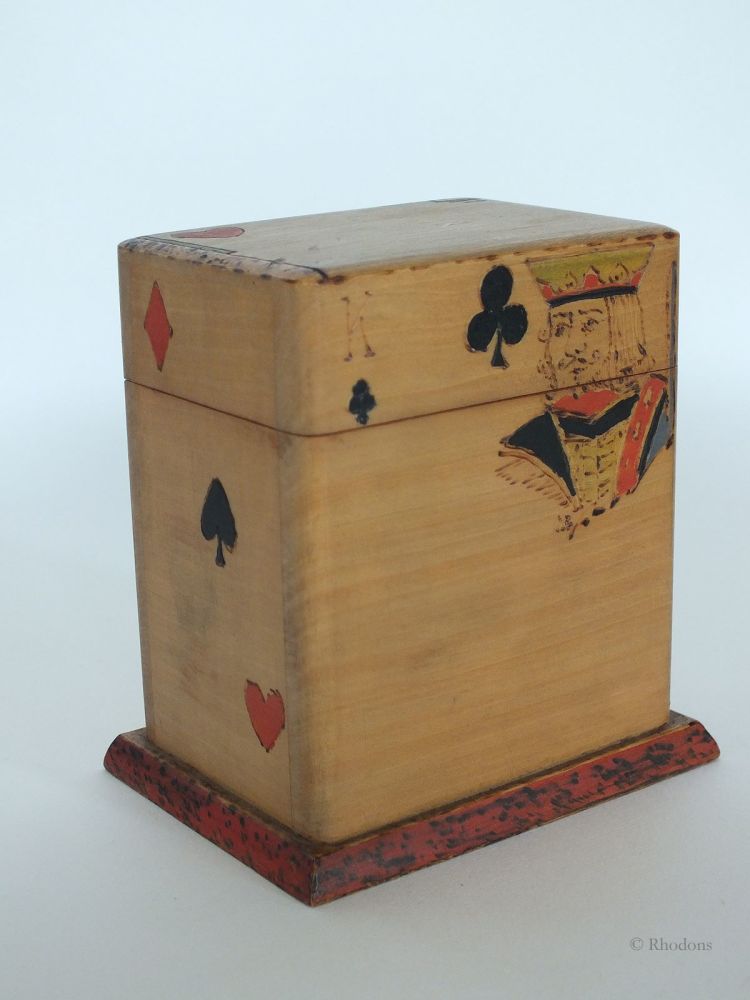 Rustic Playing Cards Box With Primitive Hand Applied Decoration, Circa 1950