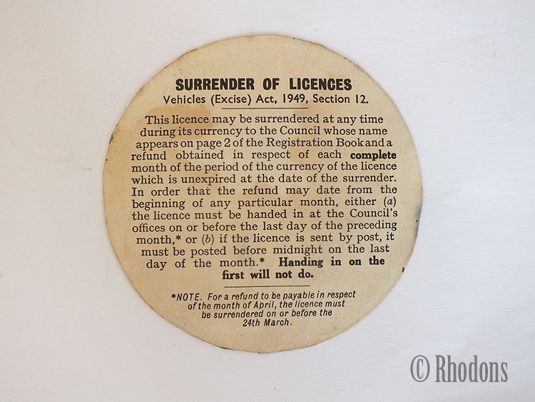 1950s Road Fund Licence Tax Disc For Austin Car, Expired December 1951