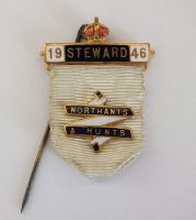 Masonic Steward Enamel Ribbon Badge, Northants & Hunts District, 1946 