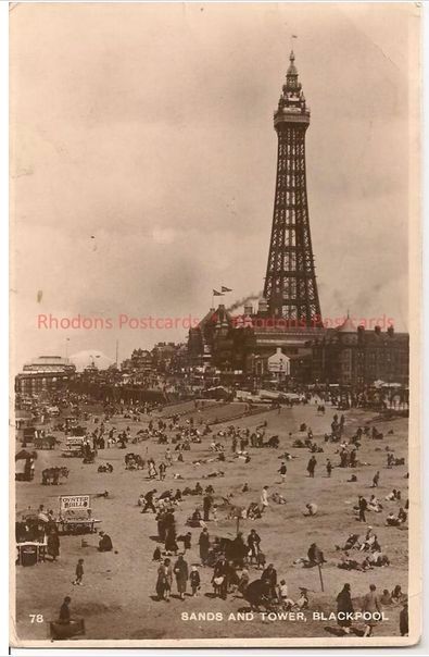 Blackpool Sands and Tower Lancashire-Real Photo Postcard | Mrs HODGSON, Kirkwald, 1930s