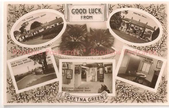 Good Luck From Gretna Green Multiview Postcard With Black Cats