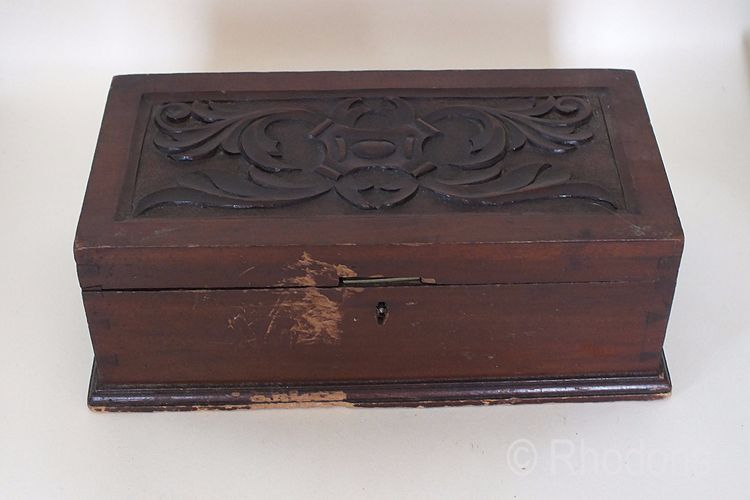 Antique Wooden Work Box, Carved Lid-Victorian, Late 1800s