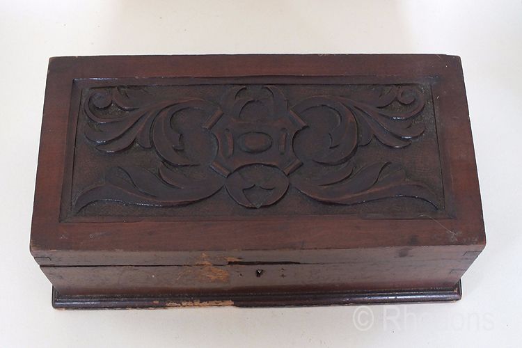Antique Wooden Work Box- Carved Lid-Victorian-Late 1800s