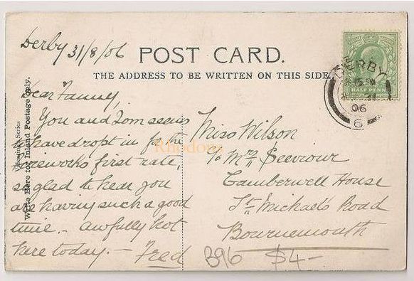  Genealogy Postcard- Miss Wilson, Bournmouth, 1906 | Goyt Bridge, Derbyshire