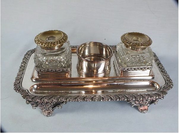 Antique Inkwell / Standish. Silver Plate On Copper.Victorian